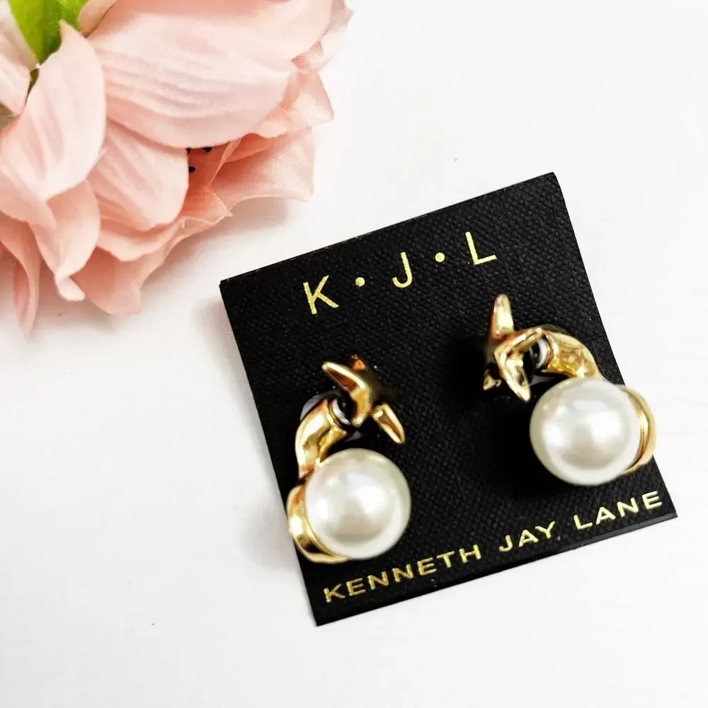 NEW Kenneth Jay Lane KJL Star Pearl Drop Pierced Earrings